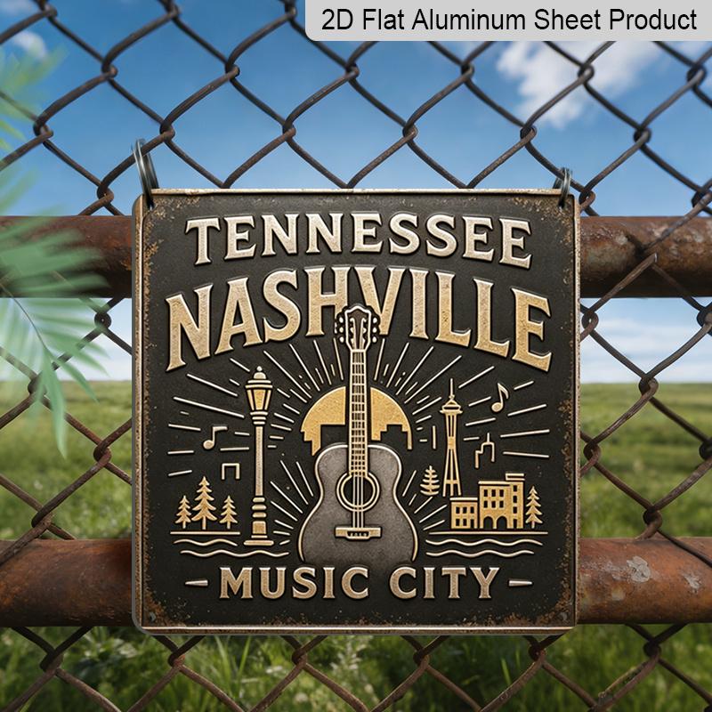 

2D Flat 1pc, Metal Aluminum Sign, Outdoor Wall Art, Tennessee Nashville Music City Sign, Guitar Wall Art, Home Bar Decoration, Rustic Industrial 20*20cm