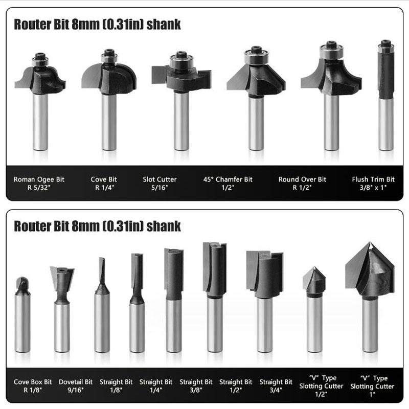15pcs 8mm Shank Wood Cutting Mills Router Bit Set Trimming Straight Milling Cutter for Woodworking Wood Bits