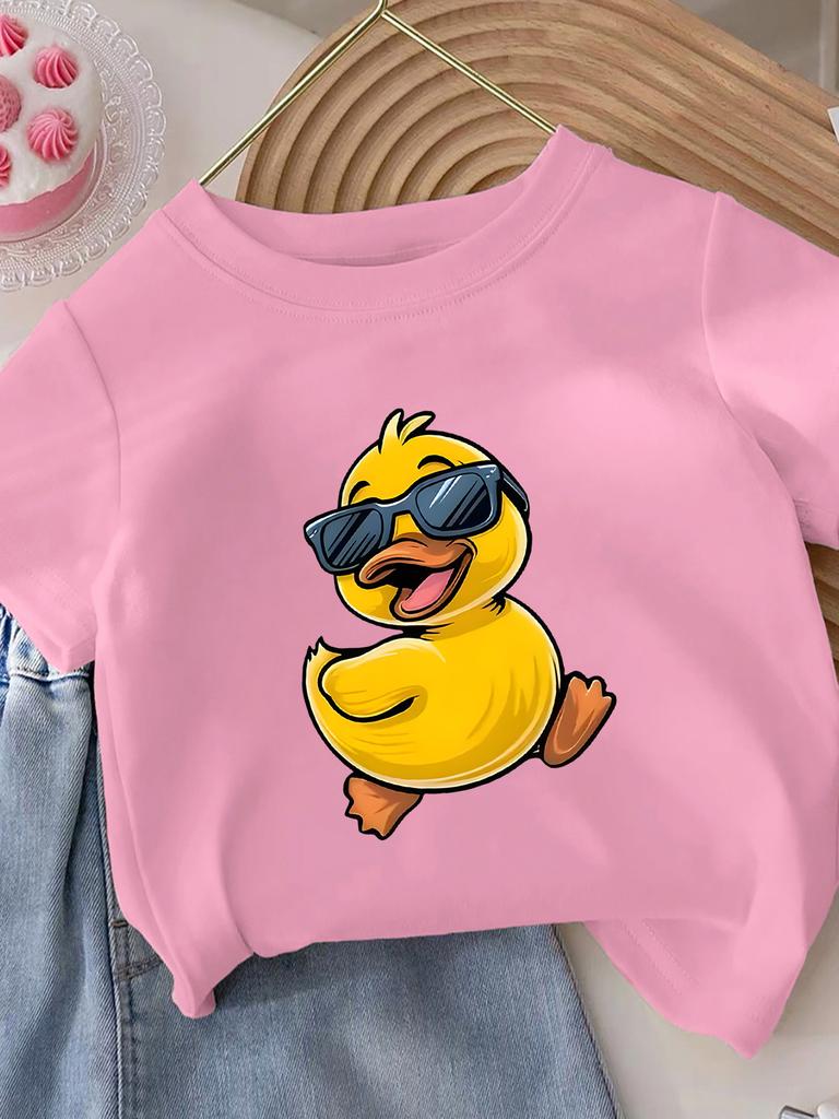New Cute Cool Duck Cartoon Pattern Printed Summer Childrens Casual Short Sleeve Round Neck Top