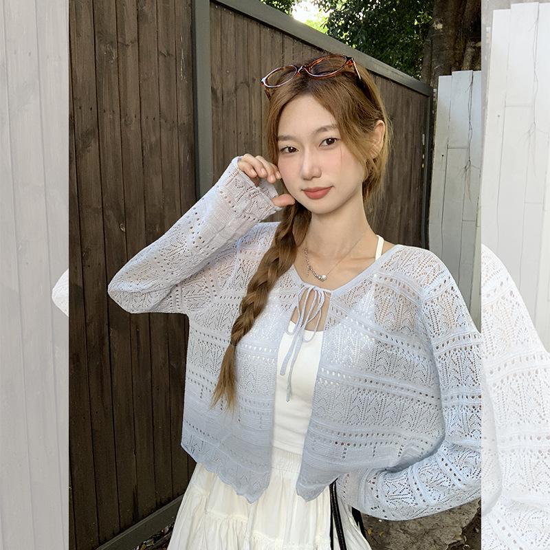 Versatile hook-up hollow long-sleeved knitted cardigan women's summer new sunscreen blouse shawl short