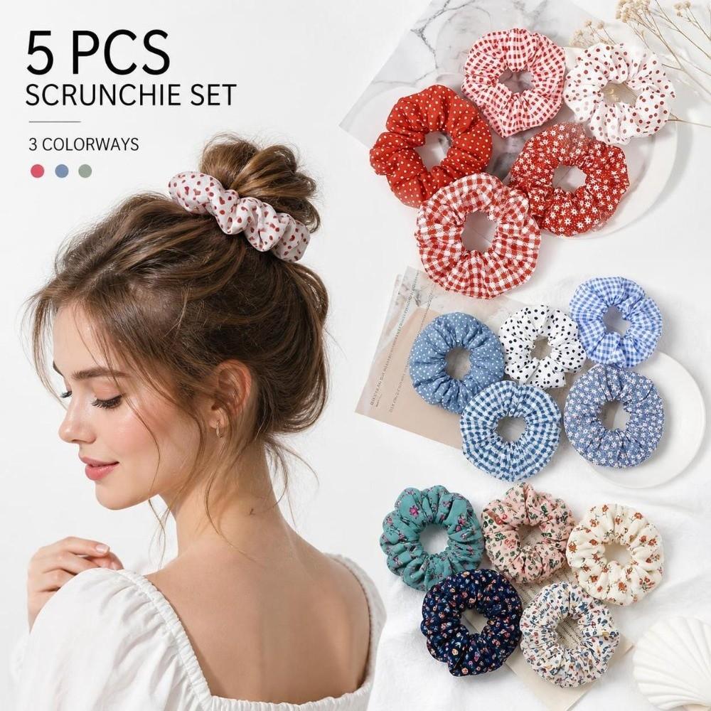 5pcs/set Elastic Floral Fabric Headbands Vintage Floral Ponytail Holder Scrunchie Hair Ties  Daily