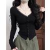Women's Black V-neck Slim Knit Top - Spring/Autumn Fashion