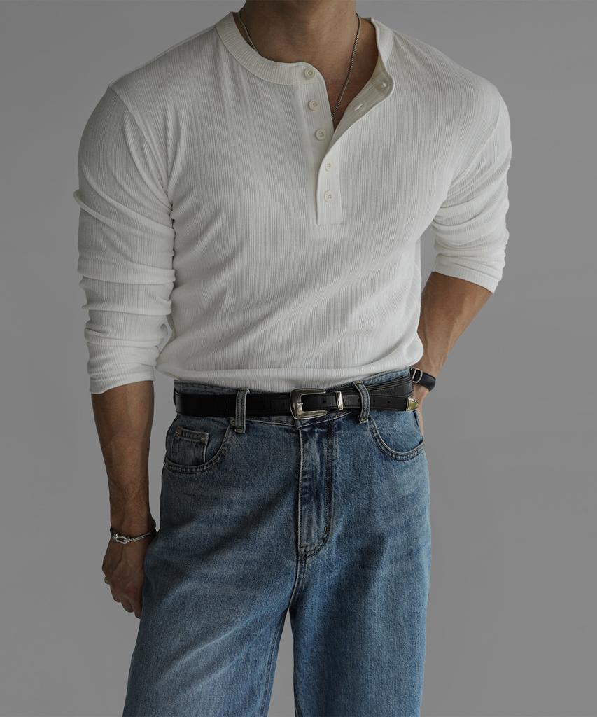 Baulopeulodeogteu Pattern Muscle Henley Neck Knit Tee [Ivory]