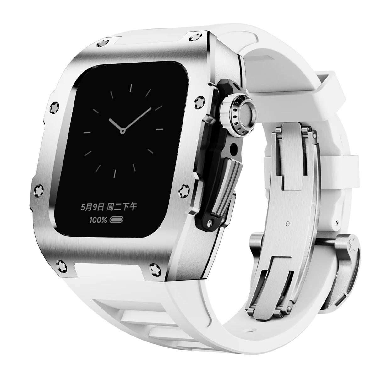 

Роскошный комплект для модификации Apple Watch 11 46 мм Силиконовый спортивный ремешок+Корпус из нержавеющей стали для Iwatch Series10 46 мм Ремешок 46mm Series 10 серебро белый