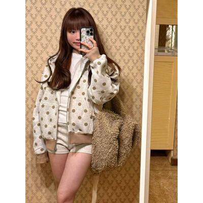 Fashion Printed Polka Dot Autumn and Winter Lazy Hooded Sweatshirt for Women Casual Loose Pocket Splicing Zipper Jacket