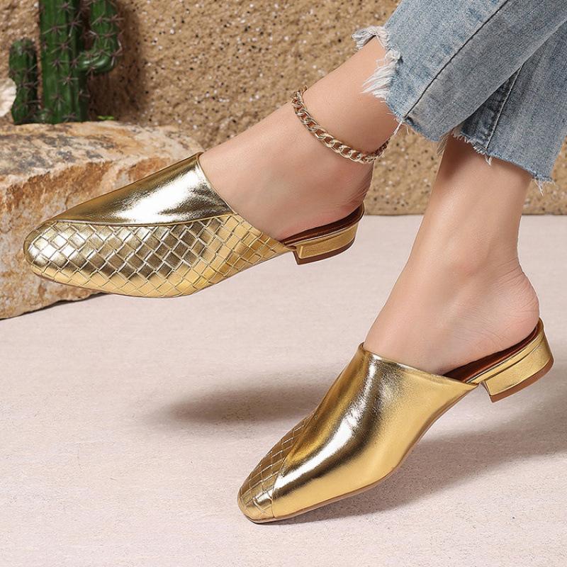 Neue Damen-Taschen-Kopf-Slipper rutschfeste Übergrößenschuhe beliebt in Europa und Amerika 2025 goldene flache coole Slipper Damen