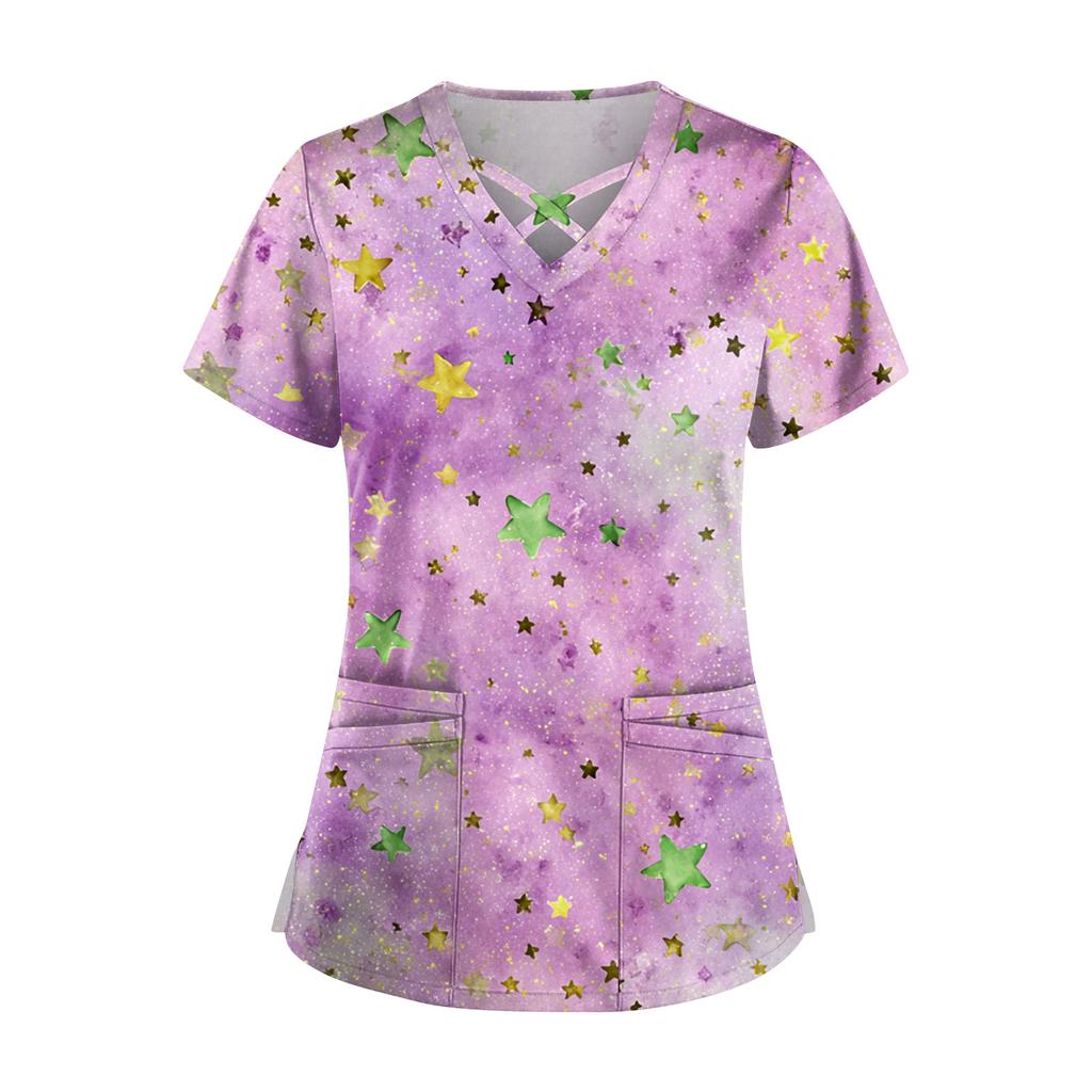Women's Short Sleeve Stagger V Neck Print Pocket Dry- Top