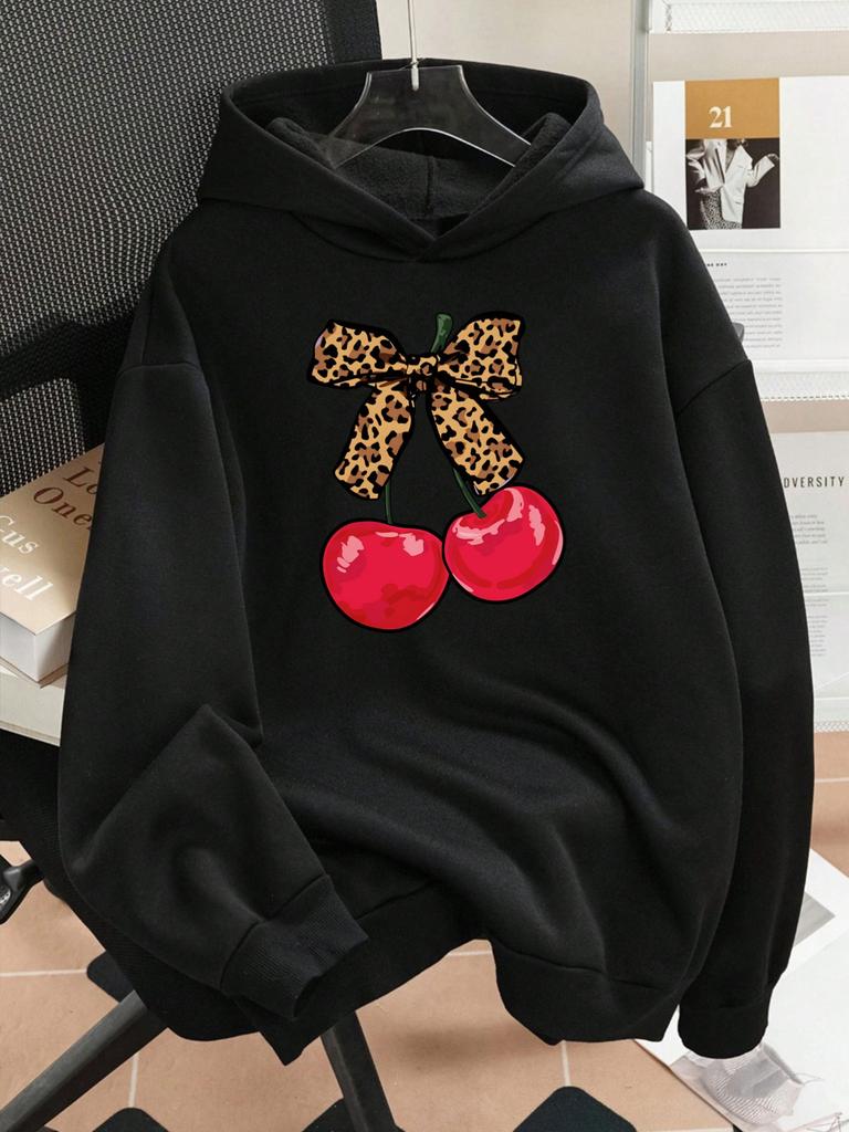 1ks Módní dámská podzimní/zimní teplá mikina s kapucí Elegantní a krásná ve stylu Y2K s designem mašle s potiskem třešní a leopardího vzoru