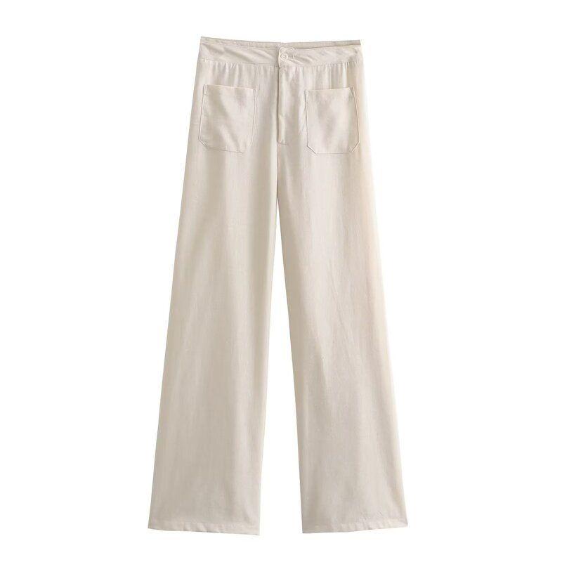 Fashion Style Autumn New Women's Clothing Slimming Pocket Trim Linen Shirt Mid Waist Pants 4786320 802