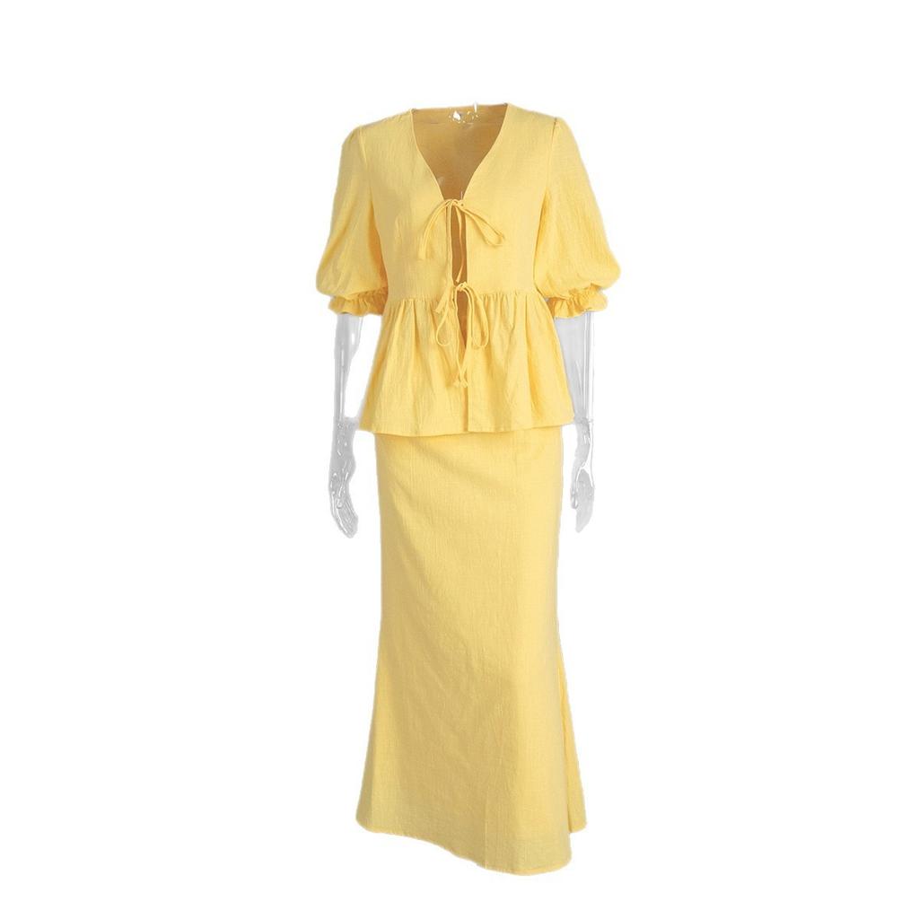 Summer New V-neck Short Sleeve Ruffled Trim Long Midi Skirt Two Piece Set Outfit Women's Casual European American Style