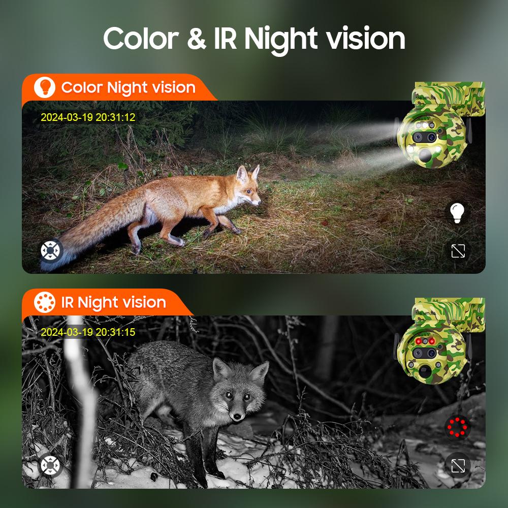 SHIWOJIA 3K 6MP 12X Zoom 4G/WIFI Solar Camera PIR Human Detection Camouflage Outdoor 360°For Hunting Camera 5W Built-in 7800mAh