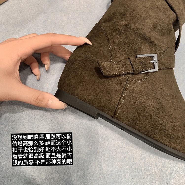 Spot new long boots with an inner height of 5cm, Korean fashionable buckle design, stacked medium boots, thin boots