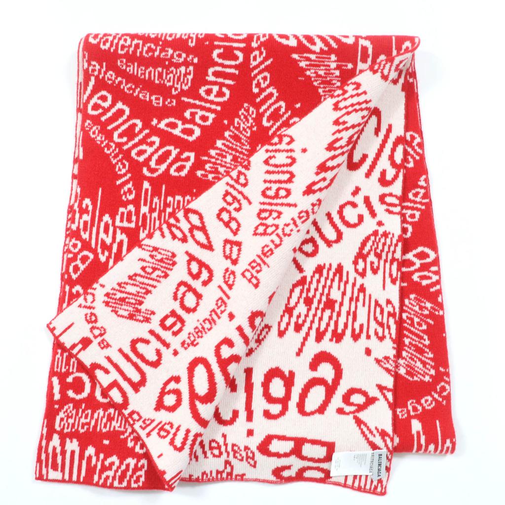 Great BALENCIAGA Scarf Large all-over logo shawl Red Ivory Virgin wool Women S 583121 Used