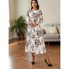 Women Vintage Print Long Sleeve Loose Round Neck A Line Long Dress