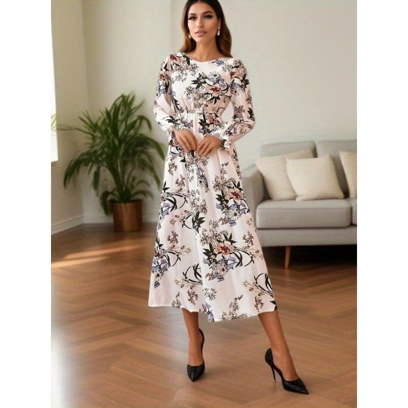 Women Vintage Print Long Sleeve Loose Round Neck A Line Long Dress