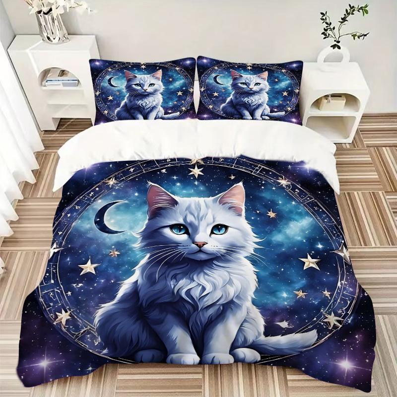 3pcs Starry Cat Design Bedding Set - Includes Quilt Cover and Pillowcases, Suitable for All Seasons, Machine Washable - Ideal Gift for Famil