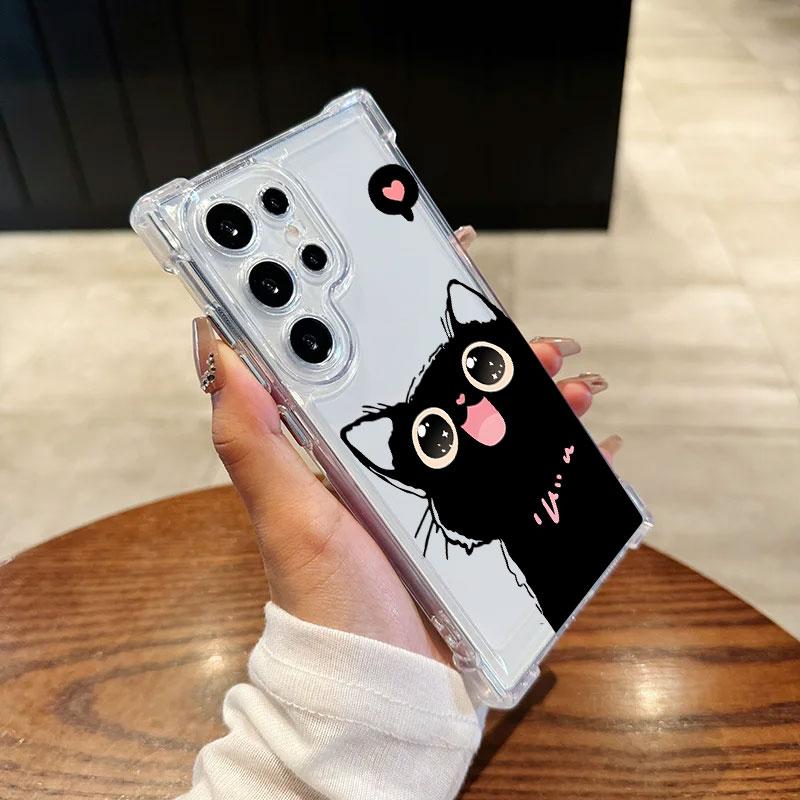 

Black Cat Cartoon Art Phone Case For Samsung Galaxy S25 FE S24 S23 S22 S21 Ultra S20 Plus Note 20 10 S25FE Soft Shockproof Cover Galaxy S24 Plus