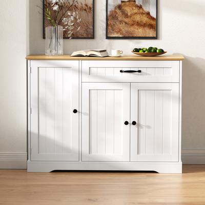 Modern, Elegant Sideboard with 3 Doors and One Drawer, Buffet Cabinet for Dining Room, Living Room and Hallway (White+Natural)