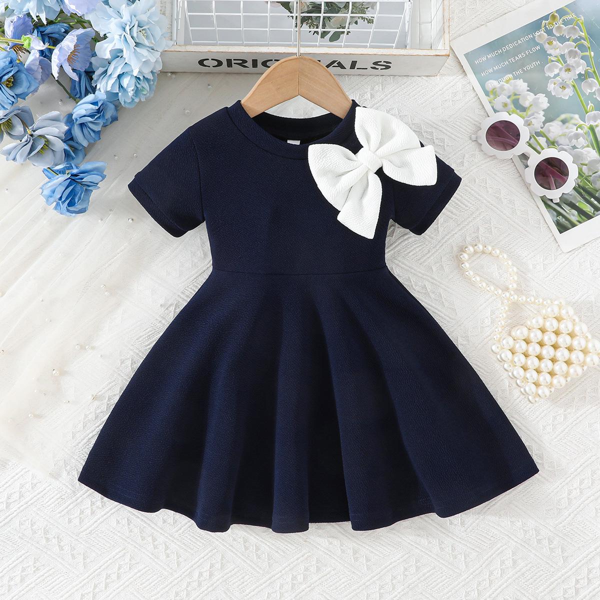 

Платье для младенцев и малышей с коротким рукавом и большим бантом, однотонное вязаное платье-трапеция для повседневной носки 6-9M оксфорд-синий