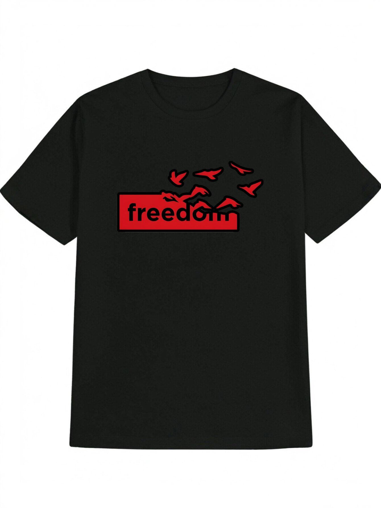 Casual Graphic T-shirt - Black with Red Flying Birds & Freedom Print XXXL