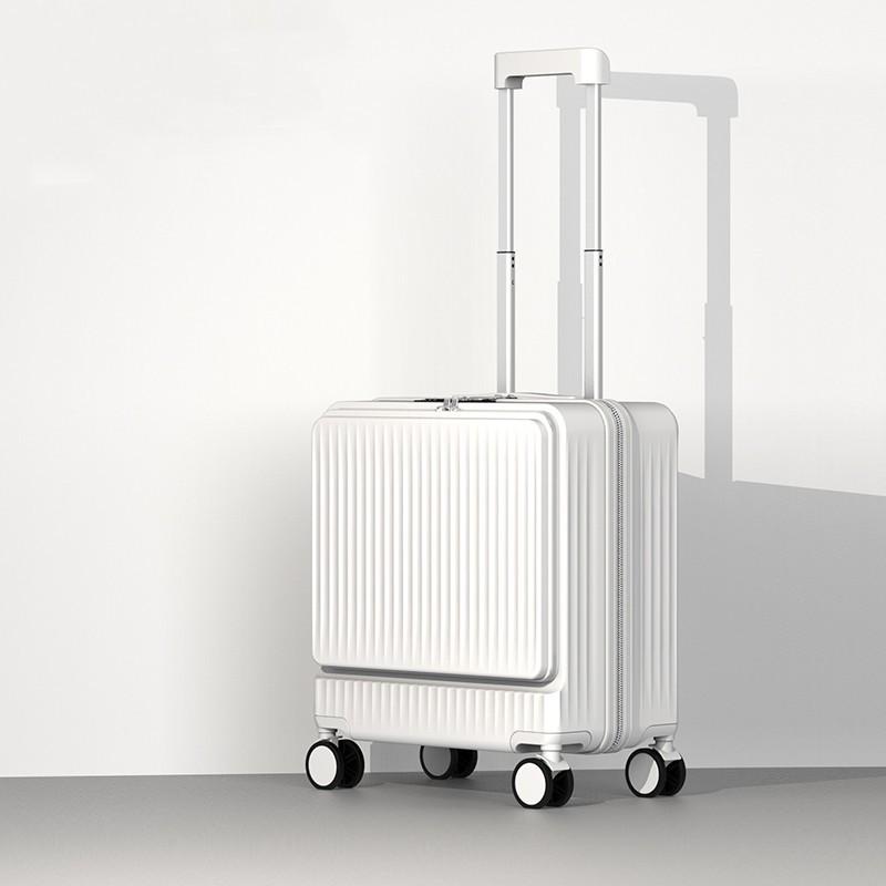 18" Silent Aluminum Frame Leather Carry-On Suitcase with Front Opening and Combo Lock for Men & Women.