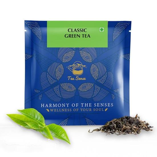 

TEA SENSE Classic Green Tea | 15 Pc | Pyramid Tea Bags in Sealed Pouches | Can be Rebrewed