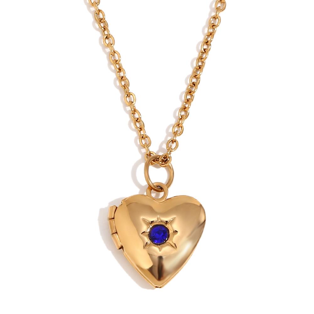 18K Gold-Plated Stainless Steel Heart Locket Necklace with December Birthstone in European and American Simple Niche Design Style