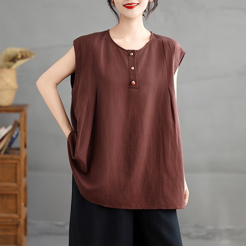 Summer 2025 Sleeveless Tencel Cotton Linen Top - Simple, High-End, Loose, and Slimming Design M