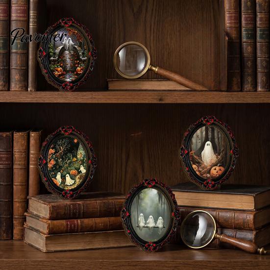 Decorative Metal Cabinet Stickers Halloween Wooden Refrigerator Magnets, Vintage Gothic Oval Frame Fridge Magnets with Witch Niche Holiday Souvenir