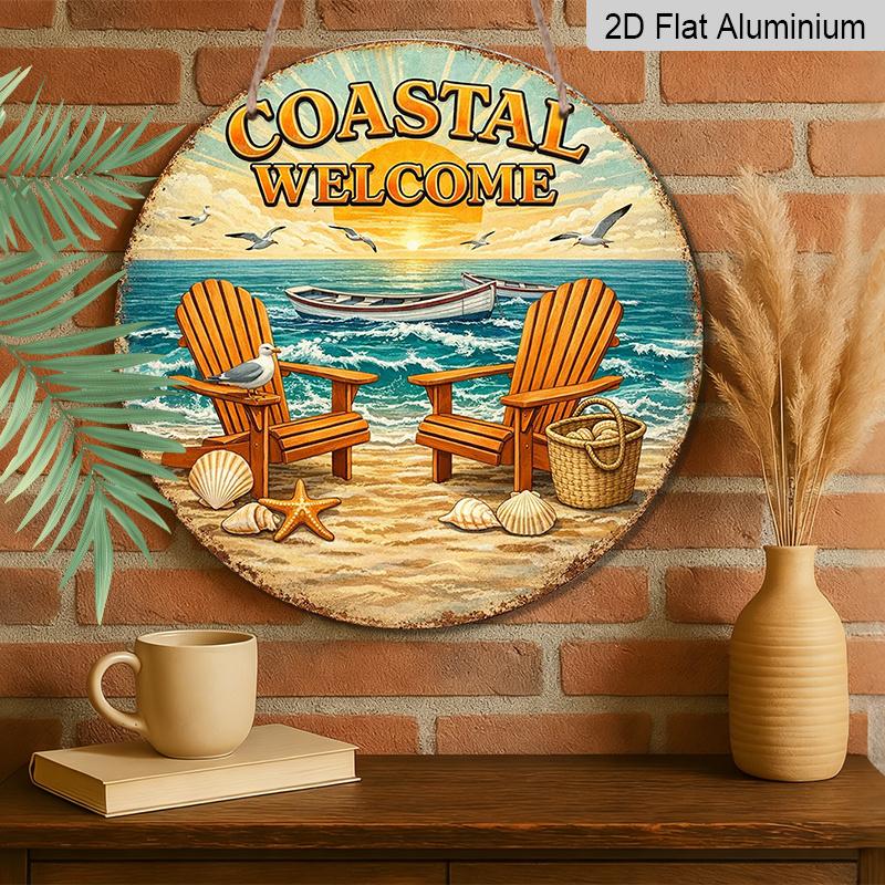 2D Flat, 1pc Round Aluminum Hanging Sign - "Coastal Welcome" Beach Sunset Vintage Metal Wall Art, Retro Ocean Chair & Seashell Design, Perfect for
