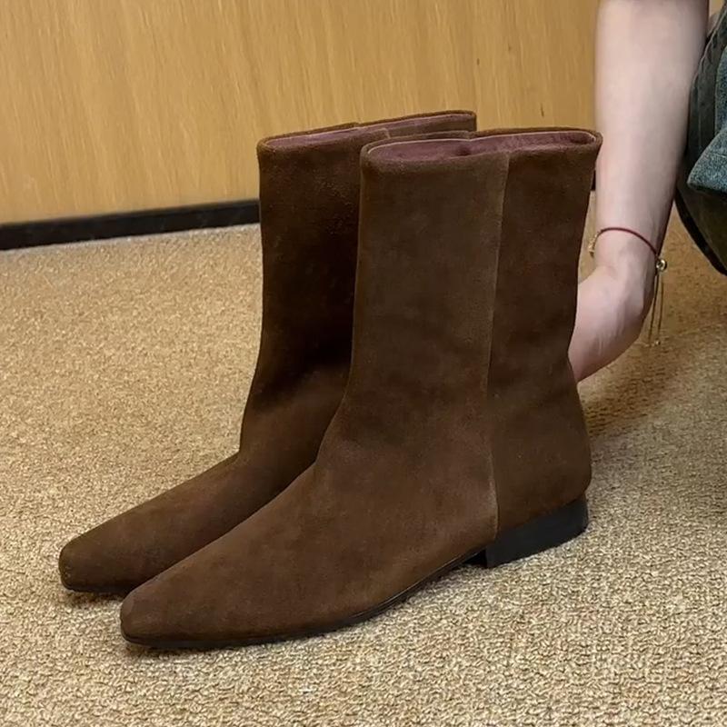 

Версия из коровьей кожи~ натуральная кожа корейская версия замшевые остроносые полусапоги низкий каблук плоская подошва ретро модные широкое голенище ботинки Мартин шор 40 коричневый