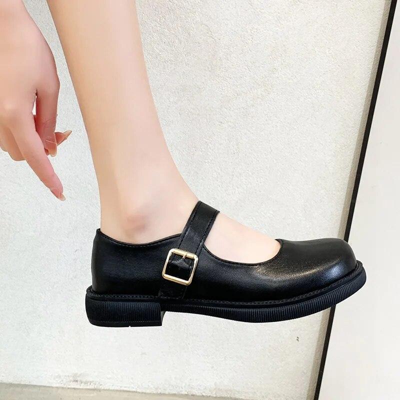Damen Lederschuhe mit runder Spitze, Mary Janes, schwarze Mädchen, Schülerinnen, Schulschuhe, Lolita-Schuhe mit niedrigem Absatz