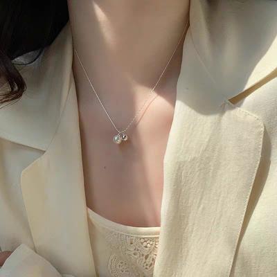 Minimalist Style Pearl Silver Ball Double Pendant Necklace Niche Design Sense Collarbone Chain Gentle Temperament Daily Commuter Accessories