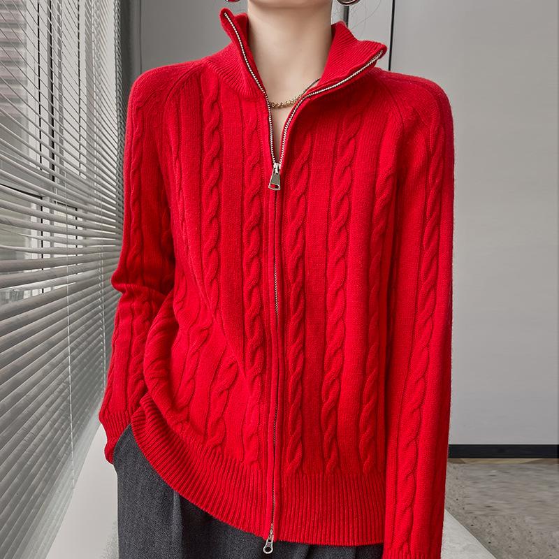 Women's Wool Zipper Knit Cardigan Sweater with Lapel