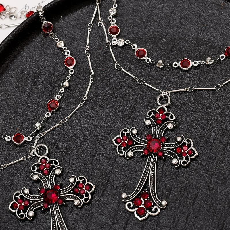 Double-layer Silver Gothic Cross Necklace for Women Gothic Jewelry Statement Necklace Red Gem Cross Pendant Choker Gifts