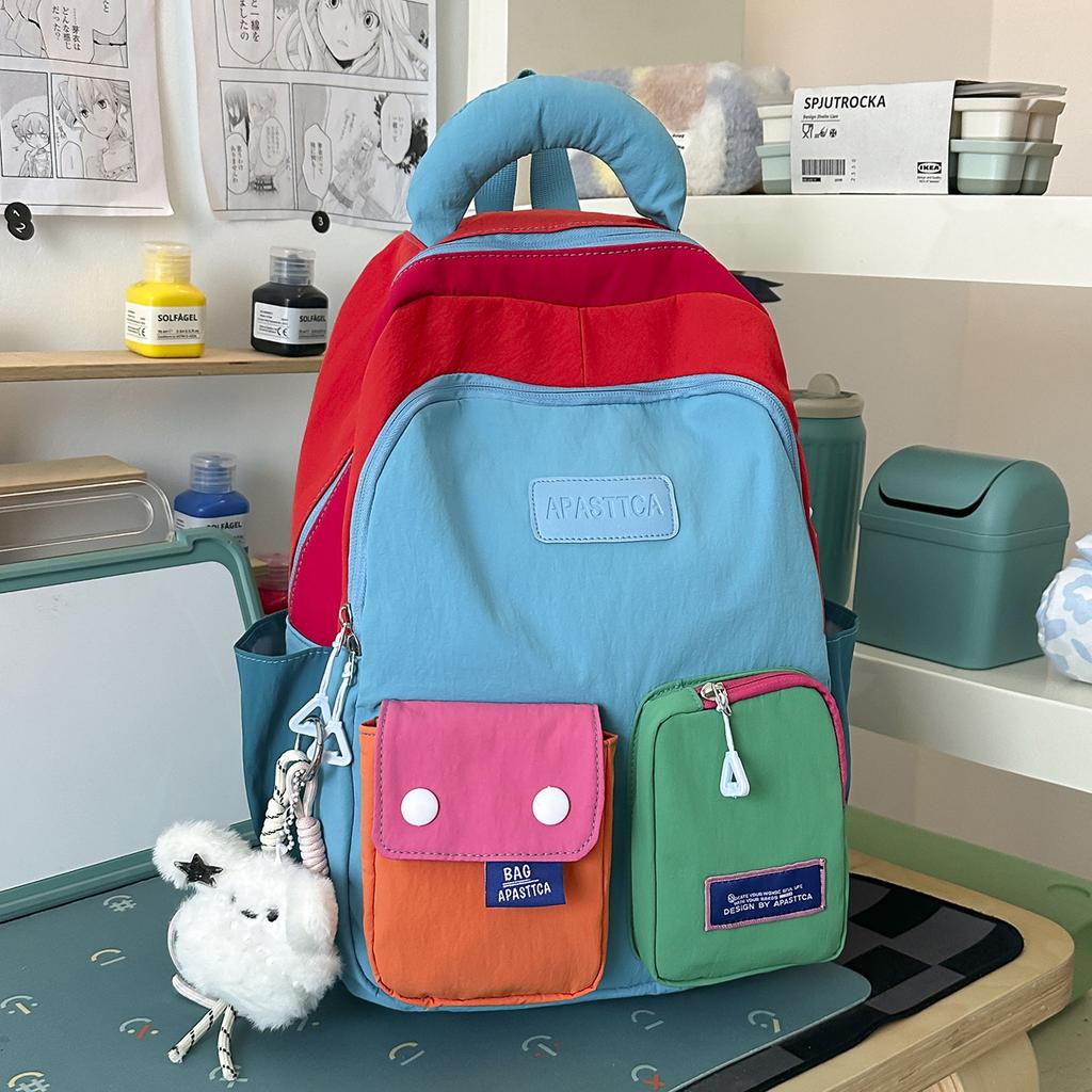 School Bag New Dopamine Backpack for Women, Large Capacity Color-Block Casual Travel Lightweight Backpack for Middle and High School Students