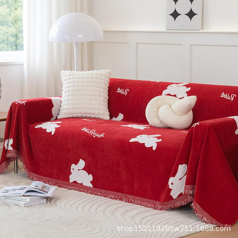 Red Festive Simple Chenille Sofa Cover Cartoon Cute Rabbit Non-slip Universal Full Cover Sofa Cover
