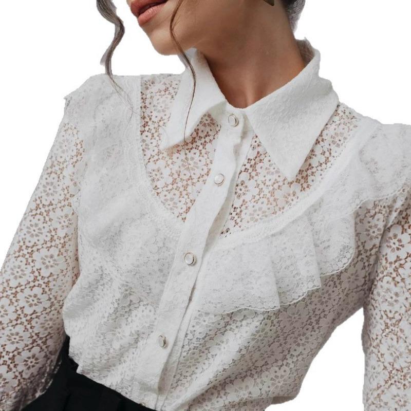 White Elegant Lace Women Shirt See Through Ruffled Fashion Spring Summer Loose Long Sleeve Blouse Female Hollow Out Lapel Fashion Sweet Tops
