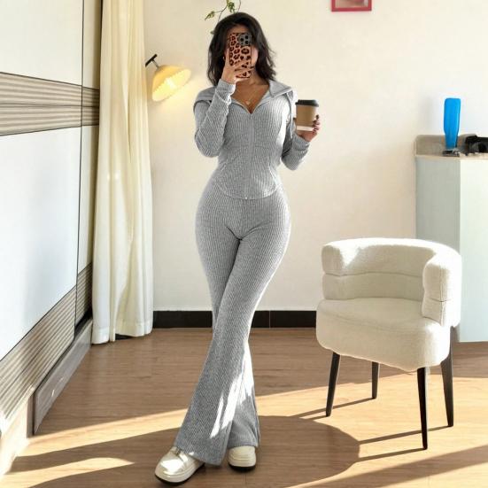 Damen 2-teilige Trainingsanzüge Reißverschluss Kapuzenpullover und Schlaghosen Gerippte Strick-Outfits Sexy Bodycon Workout-Trainingsanzüge