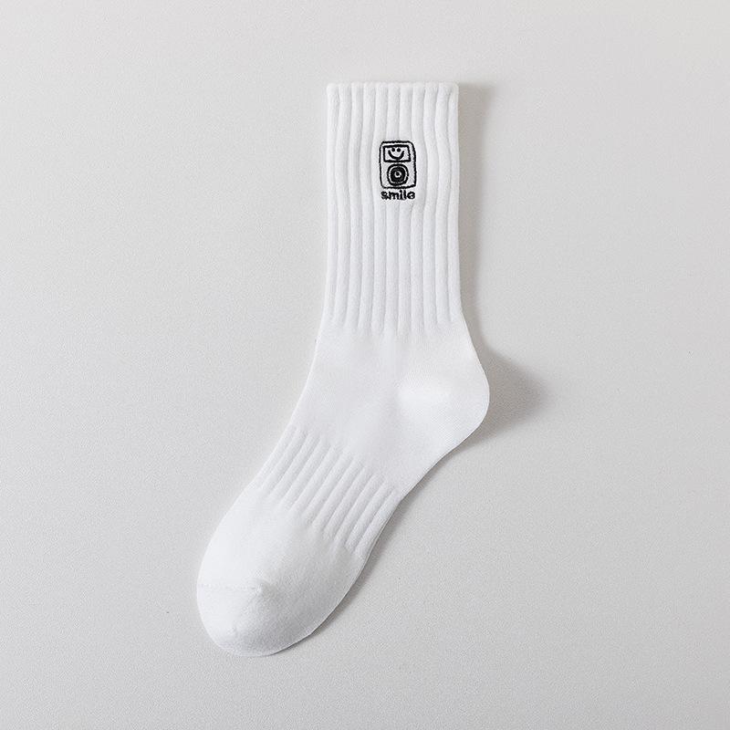 Cityboy Men’s Autumn/Winter White Cartoon Embroidery Socks - Trendy, Sweat-Absorbing Mid-Calf Sports Socks