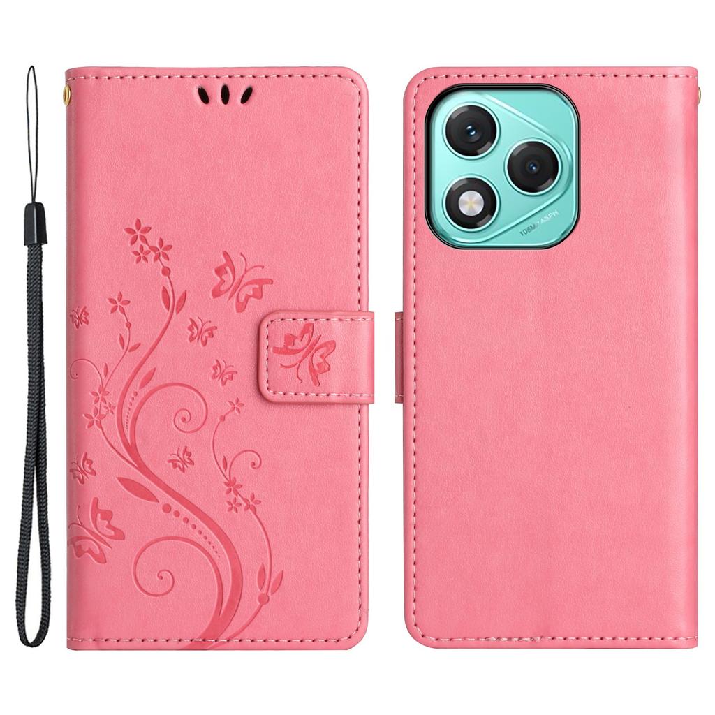 For Honor 400 Lite 5G Leather Wallet Case Butterfly Flower Imprinted Phone Cover with Strap