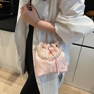 Embroidery Pearl Handbag Women's New Trendy Fashion Versatile Shoulder Crossbody with Bucket Bag