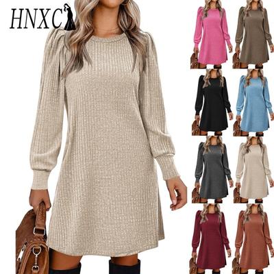 Women's Fashion Autumn Winter Solid Color Print Long Sleeve O-Neck Casual Dresses