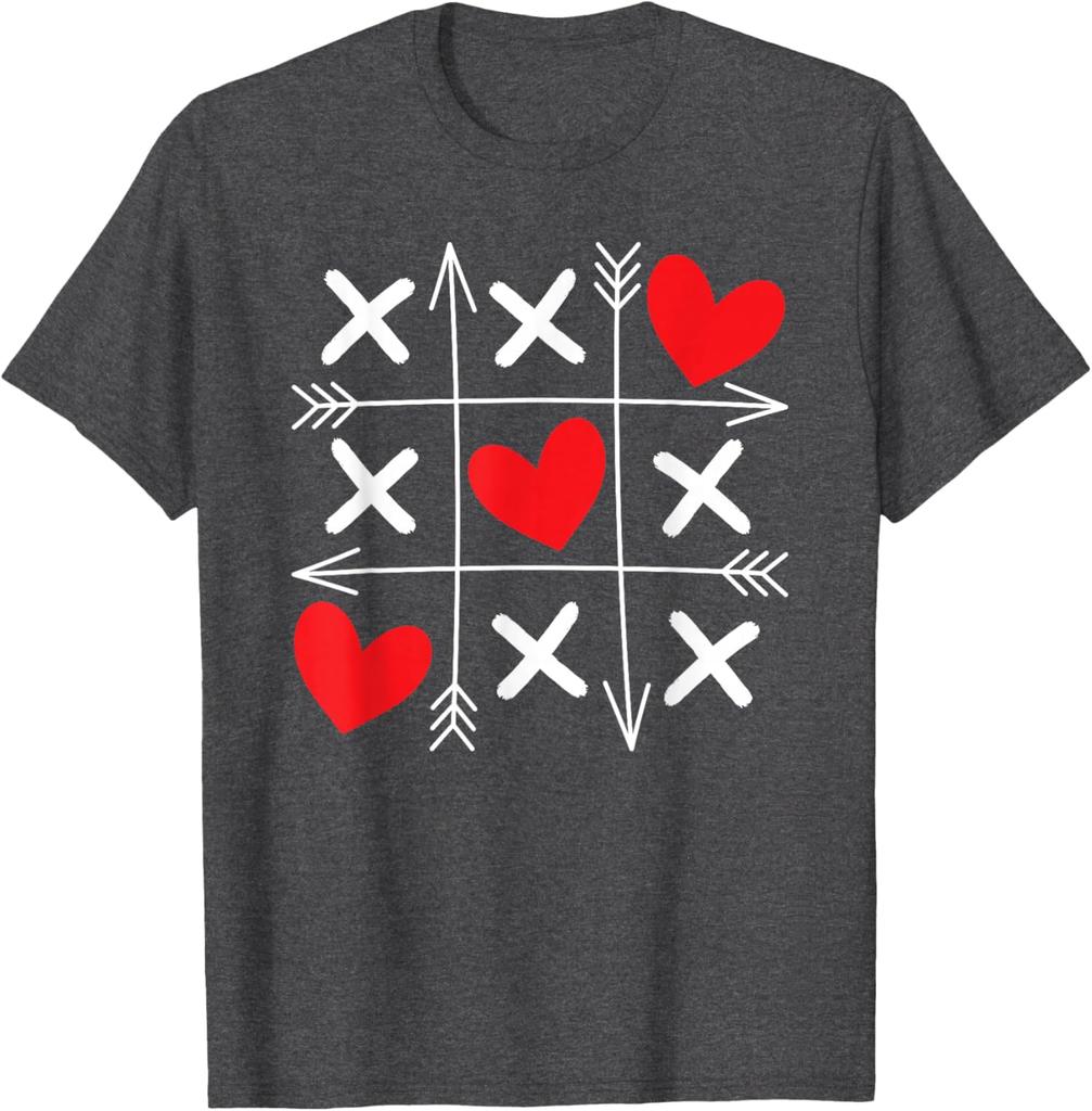 Tic Tac Toe Heart Arrows Valentine Day Graphic Tee Soft Cotton Casual T-Shirt for Men and Women