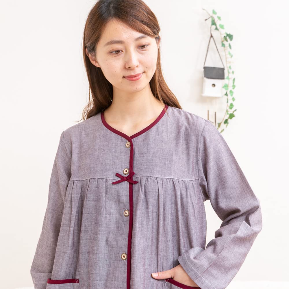 Eye Cotton Double Gauze Long Sizes 33033 K's Women's 100% Open-Front Pajamas, Sleeve, S/M/L/LL/3L, (Brown, M)