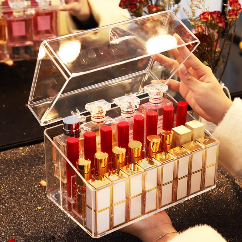 Transparent Cover Cosmetic Lipstick Storage Box Dustproof Desktop Multi-grid Makeup Organizer Plastic Material Lipstick Rack