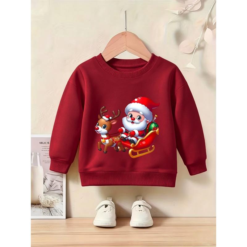 Girls' Christmas-Themed Santa Sleigh Crewneck Sweatshirt, Available in Multiple Colors! Adorable Cartoon Print Features a Cute Reindeer