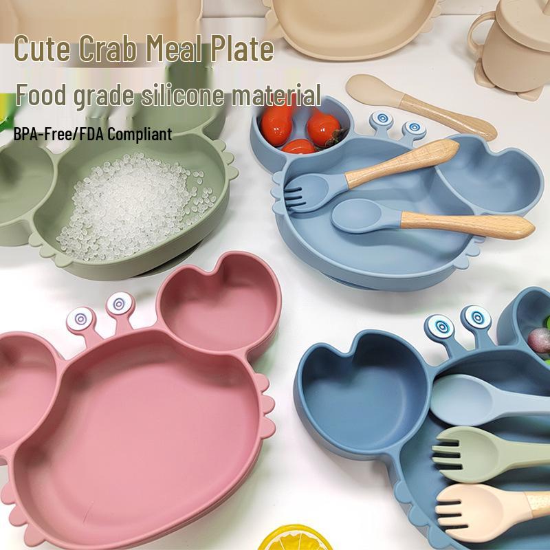 Crab 9-Piece Tableware Set: Silicone Bib, Baby Food Bowl, Fork, Spoon, Compartmentalized Meal Plate - Food Grade