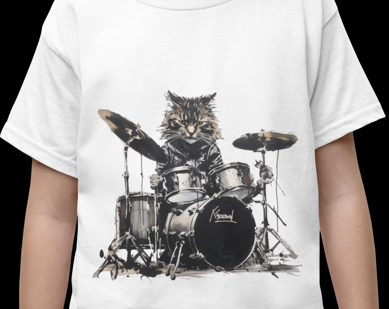 Kids Rock  n  Roll Cat T-Shirt: Funny Drummer Kitten Tee M