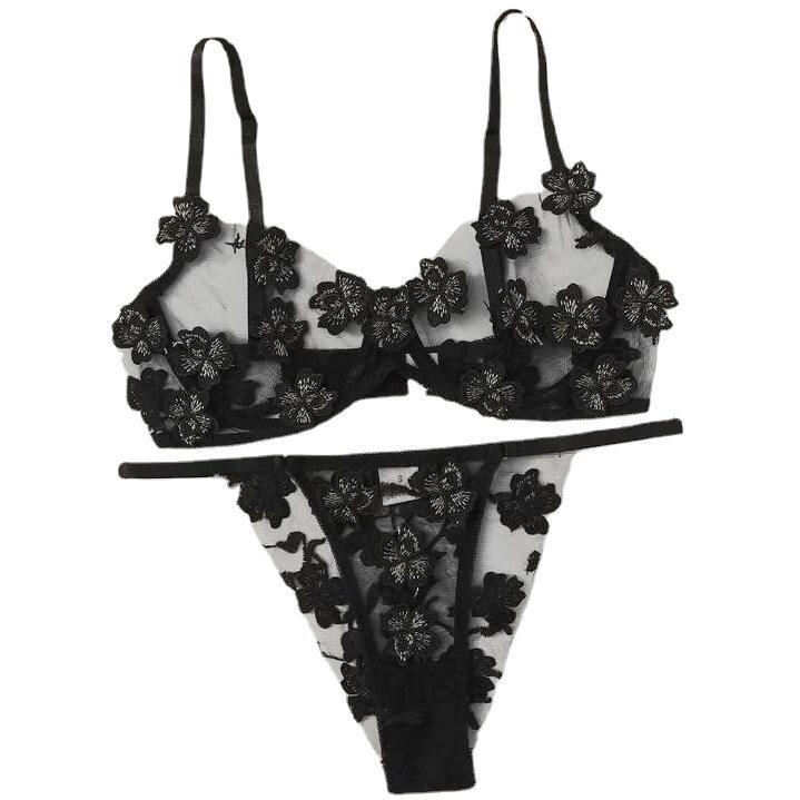 Women's Sexy Floral Embroidered Mesh Suits with Applique Bras